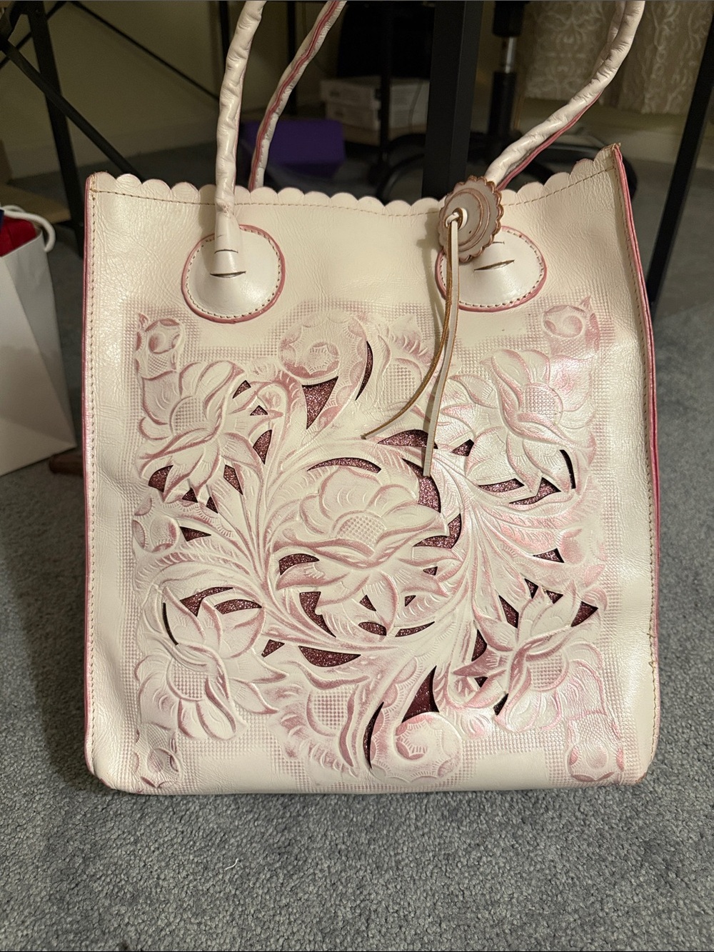 Patricia Nash Cream Tote with Pink Floral Cutouts